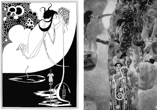 Left:-Aubrey-BeardsleyandnbspThe-Climax-1894.-Image-via-Wikimedia-Commons-Right:andnbspPhoto-of-the-paintingandnbspMedicineandnbspby-Gustav-Klimt-via-Wikimedia-Commons.andnbspandnbsp