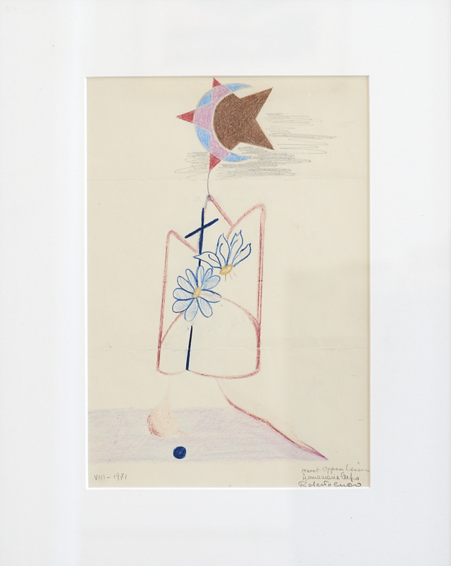 About the Artwork Meret Oppenheim. Cadavre Exquis. Le Phare Parfumé (mit   With Annamaria Boetti Und   and Roberto Lupo). 1971. Colored Pencil on Paperframed.  39 X 32 Cm  by Méret Oppenheim