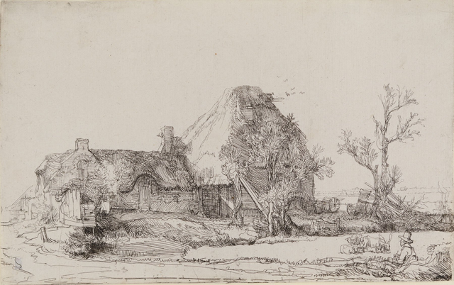 About the Artwork 29584 Rembrandt B93 Cottages and Farm Buildings With Man Sketching  by Rembrandt Van Rijn