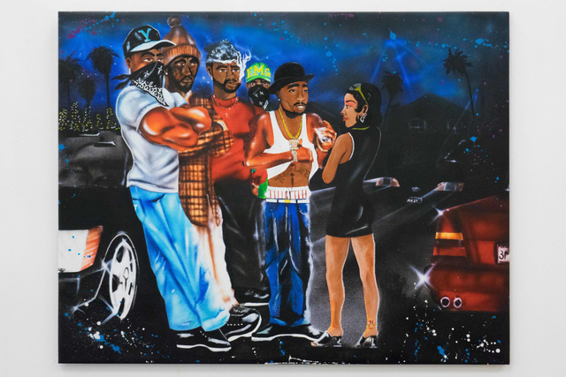 About the Artwork Ronald 'riskie' Brent & Hen Dogg (r.i.p.) All Eyez on Me, 1996 Acrylic, Spray Paint on Canvas 180 X 140cm  by Riskie Brent