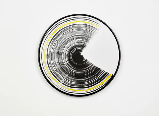 About the Artwork Claudia Comte. Turn and Slip 60, Black Yellow Sparks. 2021  by Claudia Comte