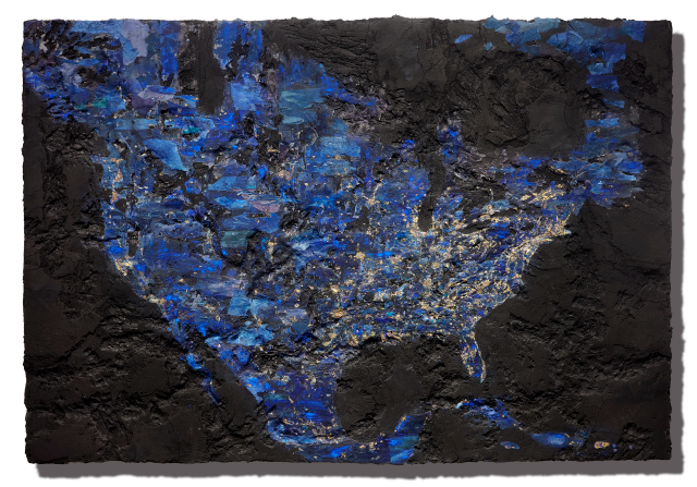 About the Artwork Maya Kramer 玛雅·克莱默. !acirema, ！国美, 2015 Coal Dust, Pigment, Ink, Gold and Silver Leaf 84 X 123 Cm  by Maya Kramer