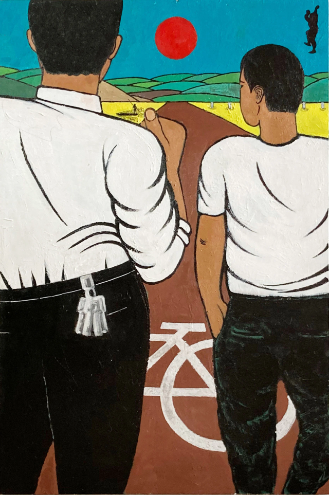 About the Artwork Jiang Li 蒋立. Afternoon Race Walkers下午的竞走者, 2020 Acrylic on Wooden Board 68 X 45 Cm  by Jiang Li