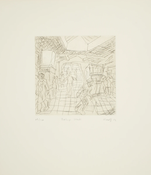 About the Artwork Leon Kossoff. the Booking Hall, 1982. Etching on Paper. Paper Size   41.3 X 35.6 Cms. Plate Size   18.5 X 19 Cms. Edition of 100. £ 1,500.00  by Leon Kossoff
