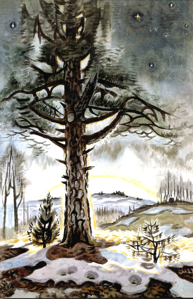 About the Artwork Charles Ephraim Burchfield (1893 1967)  Late Winter Dawn, 1956 1965  Watercolor, Gouache, and Charcoal on Pieced Paper  49 ¾ X 32 ¾ Inches  by Charles Burchfield