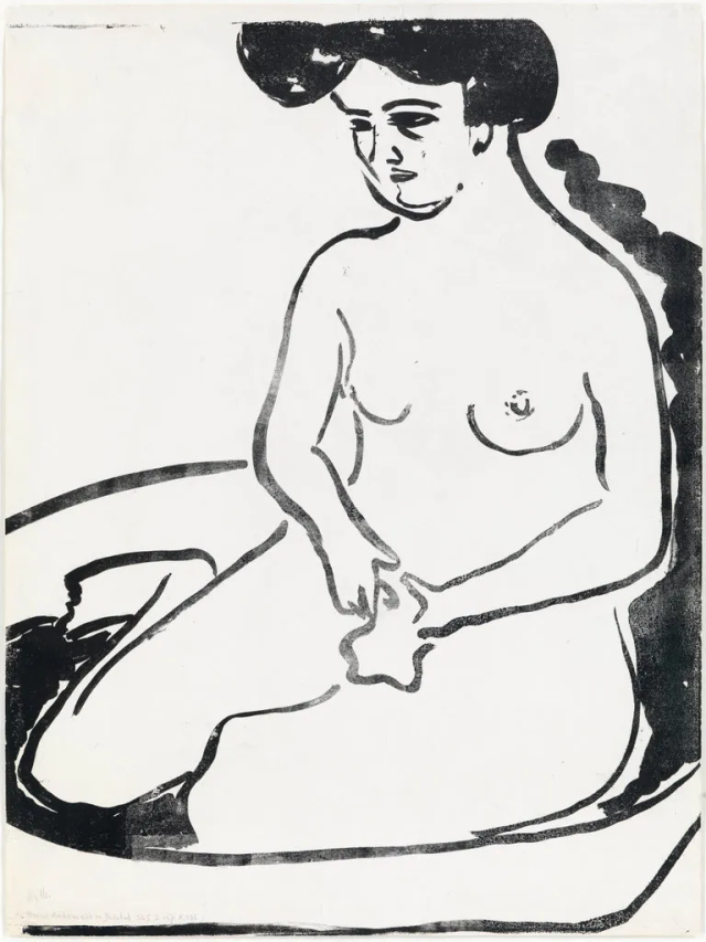 About the Artwork Ernst Ludwig Kirchner. Large Nude Girl in Badetub, 1909, Lithograph on Wove Paper (papier Vélin), 59.8 X 44.8 Cm, One of 7 Known Ex., Printed From the Large Stone E  by Ernst Ludwig Kirchner