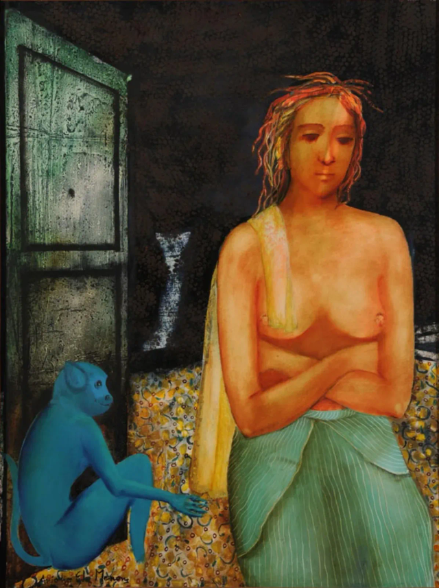 About the Artwork Menon Ela Anjolie. Woman With Blue Monkey. 2007  by Anjolie Ela Menon
