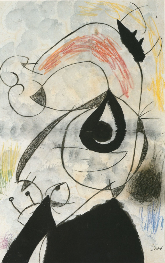 About the Artwork Joan Miró.  Personnages, Oiseaux. 1973. Thinned Oil, Brush and India Ink, Wash, Pastel and Wax Crayon on Paper. 99.3 X 64.4 Cm.  by Joan Miró