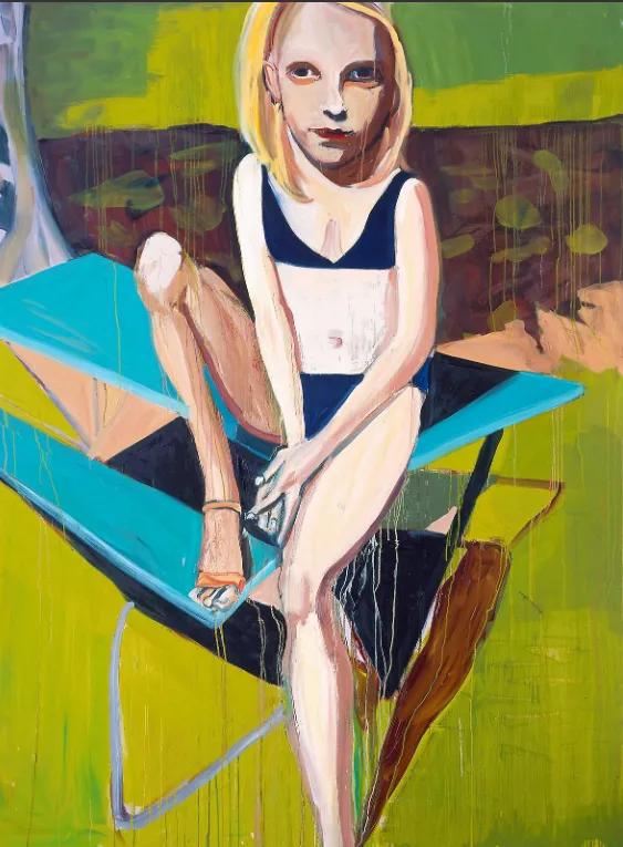About the Artwork Joffe Chantal. Blonde Girl Sitting on a Picnic Table. 2007  by Chantal Joffe